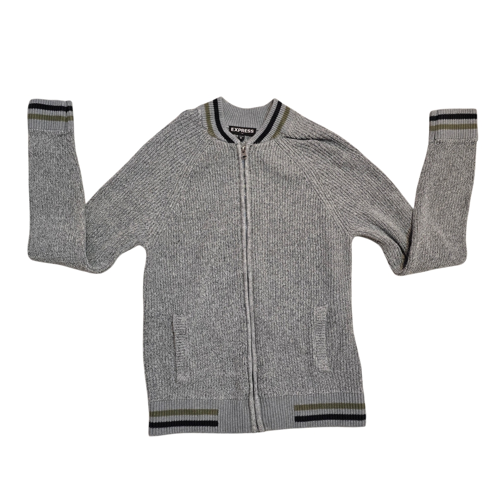 Express Gray Ribbed Striped Knit Zip-up Sweater Medium